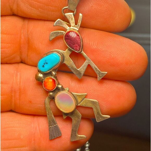 Ladies vintage SW Kokopelli turquoise, opal, and agate stones pendent w/chain - Picture 2 of 14